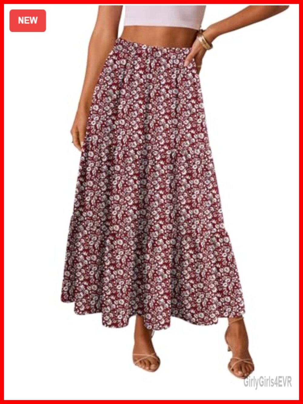 Women's Tiered Maxi Skirt 100% Polyester Flowy A-Line Elastic High Waist